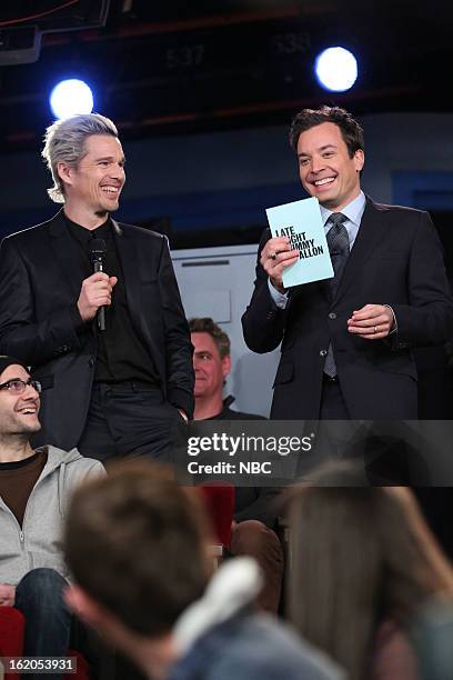 Episode 785 -- Pictured: Ethan Hawke with host Jimmy Fallon during a skit on February 18, 2013 --