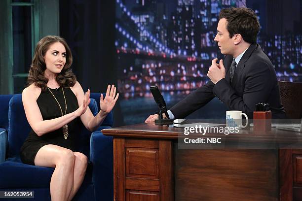 Episode 785 -- Pictured: Alison Brie with host Jimmy Fallon during an interview on February 18, 2013 --