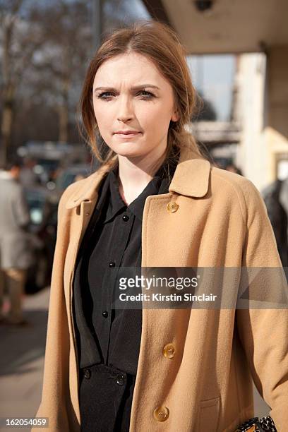 Jane McFarland wears Burberry jacket and vintage top on day 3 of London Womens Fashion Week Autumn/Winter 2013 on February 17, 2013 in London,...