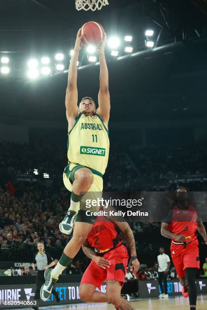 Dante Exum of Australia drives to the basket during the match between the Australian Boomers and South Sudan at Rod Laver Arena on August 17, 2023 in...