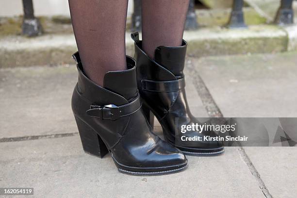 Fashion Blogger Babel Juane wears Zara ankle boots, on day 3 of London Womens Fashion Week Autumn/Winter 2013 on February 17, 2013 in London, England.