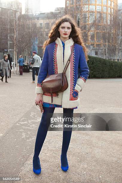 Freelance writer Rosalind Jana wears all vintage, on day 3 of London Womens Fashion Week Autumn/Winter 2013 on February 17, 2013 in London, England.