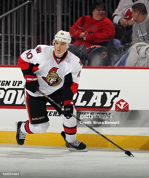 Mike Lundin of the Ottawa Senators skates against the New Jersey Devils at the Prudential Center on February 18, 2013 in Newark, New Jersey. The...