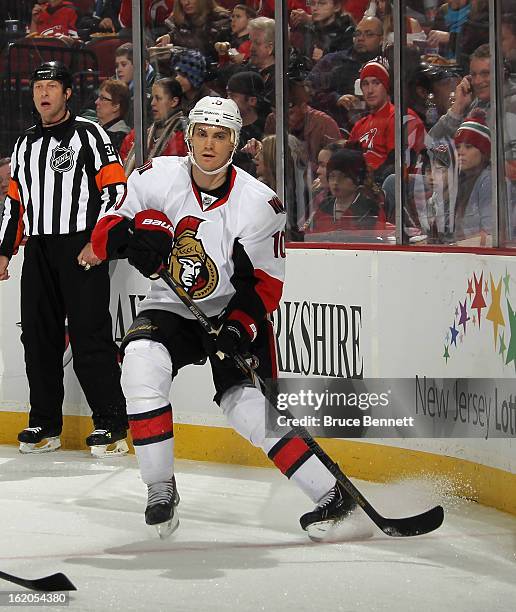 Mike Lundin of the Ottawa Senators skates against the New Jersey Devils at the Prudential Center on February 18, 2013 in Newark, New Jersey. The...