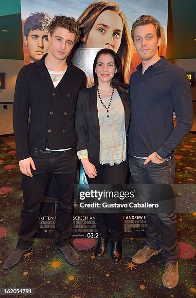 Max Irons, Stephenie Meyer and Jake Abel attend "The Host" Miami Q&A Screening at AMC Sunset Place on February 18, 2013 in Miami, Florida.