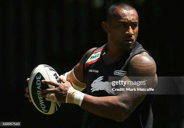 Roy Asotasi stretches during a South Sydney Rabbitohs NRL training session at the National Centre for Indigenous Excellence on February 19, 2013 in...