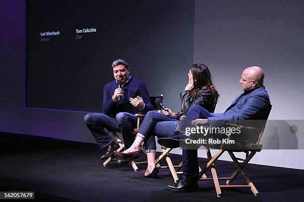 Eugene Hernandez, Lori Silverbush and Tom Colicchio attend Apple Store Soho Presents: Meet The Filmmakers - "A Place At The Table" at Apple Store...