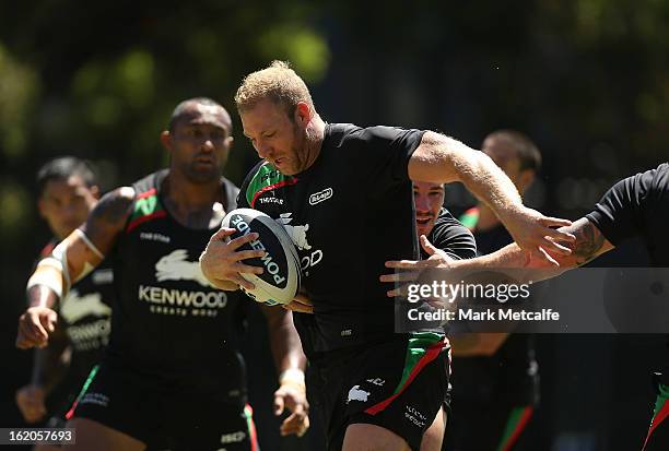 Michael Crocker is tackled during a South Sydney Rabbitohs NRL training session at the National Centre for Indigenous Excellence on February 19, 2013...