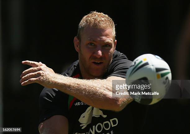 Michael Crocker passes the ball during a South Sydney Rabbitohs NRL training session at the National Centre for Indigenous Excellence on February 19,...