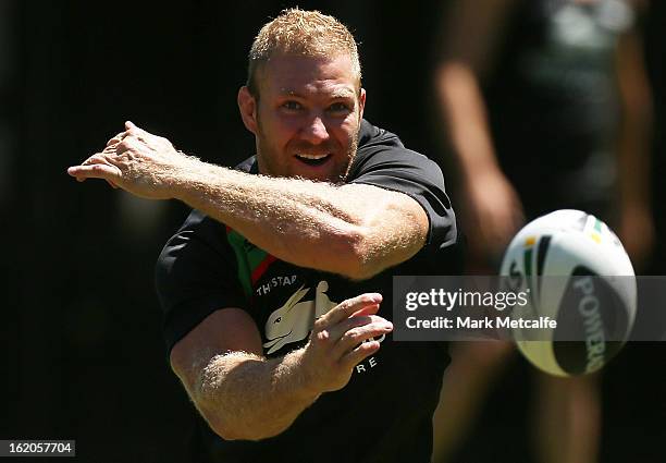 Michael Crocker passes the ball during a South Sydney Rabbitohs NRL training session at the National Centre for Indigenous Excellence on February 19,...