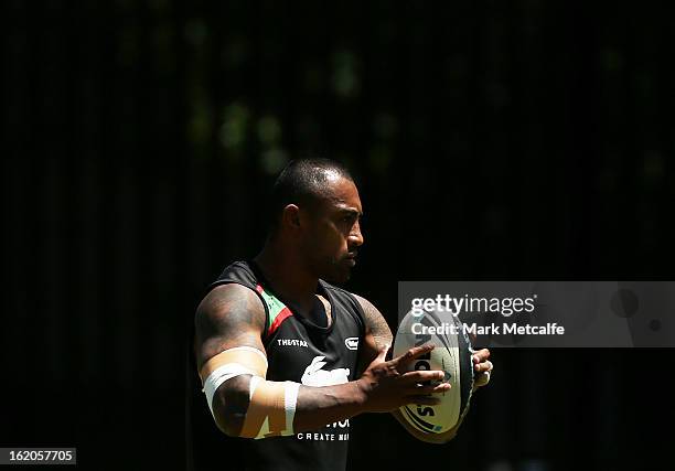 Roy Asotasi warms up during a South Sydney Rabbitohs NRL training session at the National Centre for Indigenous Excellence on February 19, 2013 in...