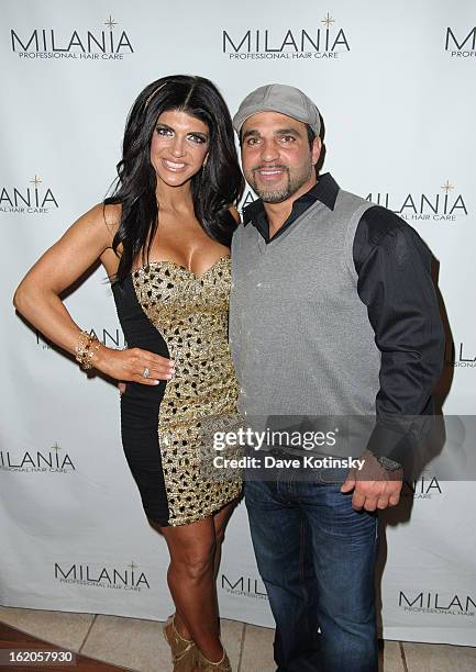 Teresa Giudice and Joe Gorga attend the Milania Professional Hair Care Launch Party at Stone House At Stirling Ridge on February 18, 2013 in Warren,...