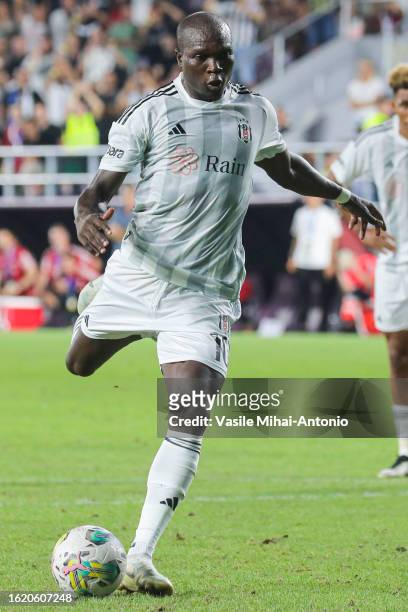 Vincent Aboubakar of Besiktas scores a goal from a penalty kick during the UEFA Conference League Play-Off Round match between Dynamo Kyiv and...