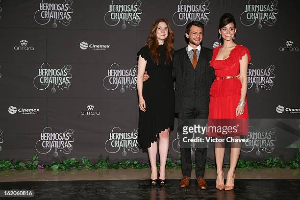 Actress Alice Englert, actor Alden Ehrenreich and actress Emmy Rossum attend the "Beautiful Creatures" Mexico City premiere at Cinemex Antara on...