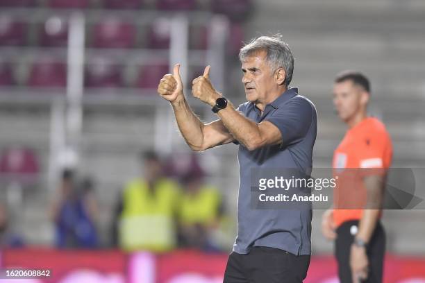 Head coach of Besiktas, Senol Gunes reacts after Vincent Aboubakar of Besiktas scores a goal during the UEFA Europa Conference League play-off round...