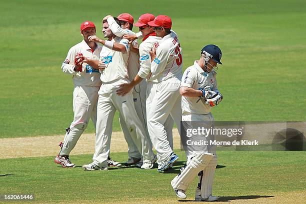 Brad Haddin of the Blues leaves the field after getting out as Redbacks players celebrate getting him out during day one of the Sheffield Shield...