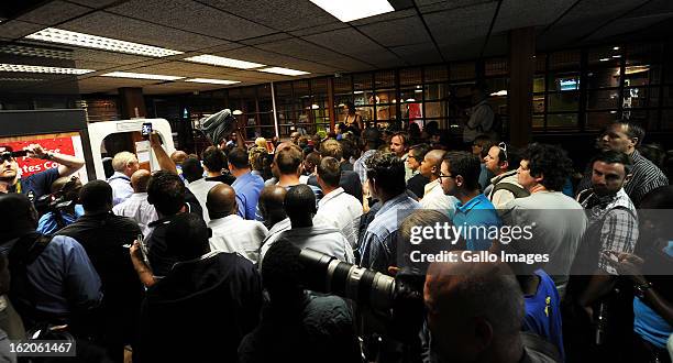 Media lining up to enter the court building at the Pretoria Magistrate Court on February 19, 2013 in Pretoria, South Africa. Oscar Pistorius, who has...