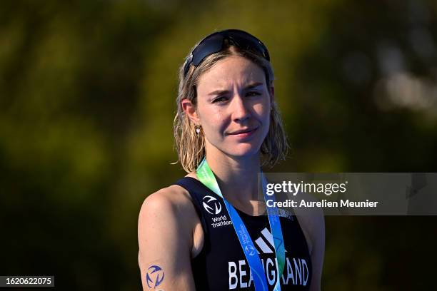 Cassandre Beaugrand of France looks on after finishing 2nd during the Women World Triathlon at Pont Alexandre III on August 17, 2023 in Paris, France.