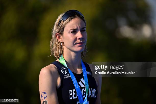 Cassandre Beaugrand of France looks on after finishing 2nd during the Women World Triathlon at Pont Alexandre III on August 17, 2023 in Paris, France.