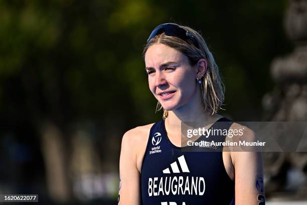 Cassandre Beaugrand of France looks on after finishing 2nd during the Women World Triathlon at Pont Alexandre III on August 17, 2023 in Paris, France.