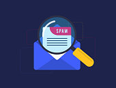 Email Spam vector icon. Unsolicited malicious e-mail envelope with warning message. Spam email message distribution, scam and fraud mail. Vector isolated illustration on black background with icons
