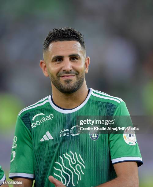 Riyad Mahrez of Al-Ahli before the Saudi Pro League match between Al-Ahli and Al Akhdoud at the Prince Abdullah al-Faisal Stadium on August 24, 2023...