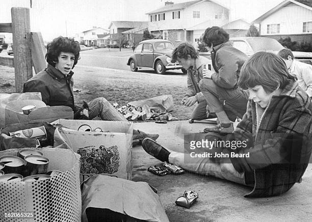 Cans Are Crushed And Sorted In Students' Effort to Improve Environment; From left are Paul Rosenberg, Steve Connolly, David Rosenberg and Harold...