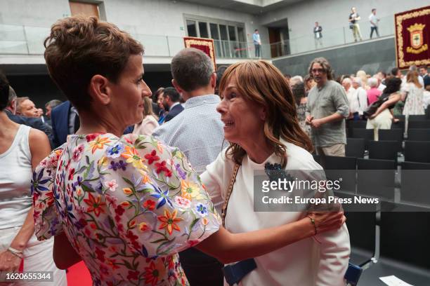 Uxue Barkos (former president of Navarra= congratulates Maria Chivite in the Atrium of the Parliament, on 17 August, 2023 in Pamplona, Navarra,...