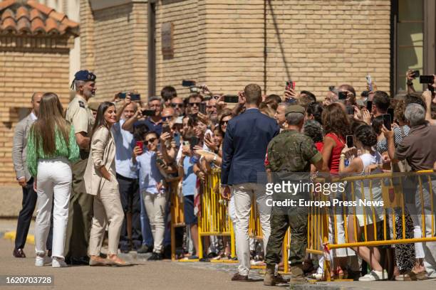 Infanta Sofia; King Felipe VI; and Queen Letizia; salute before leaving the General Military Academy of Zaragoza, on 17 August, 2023 in Zaragoza,...