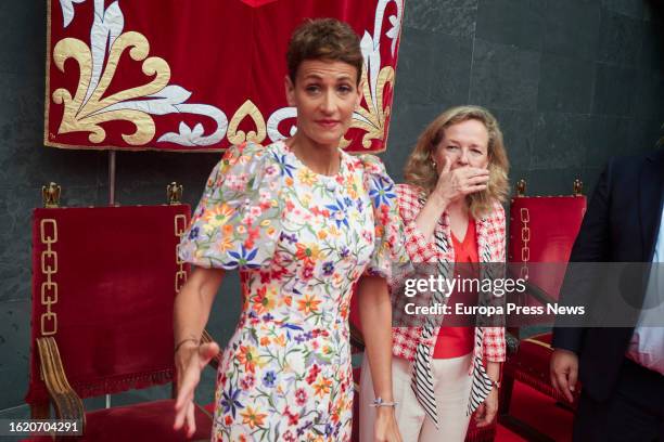 Nadia Calviño and Maria Chivite in the Atrium of the Parliament of Navarra, on 17 August, 2023 in Pamplona, Navarra, Spain. The socialist candidate...