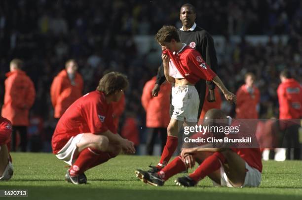 Craig Hignett , Juninho and Curtis Fleming of Middlesbrough face relegation after the FA Carling Premier League match against Leeds United at Elland...