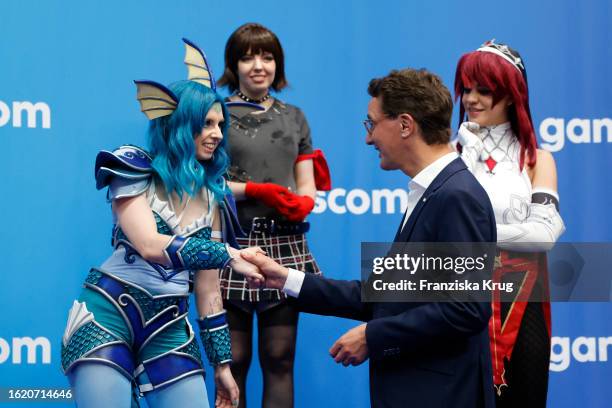 Hendrik Wüst, Minister President of North Rhine-Westphalia and cosplayer during the Political Opening of gamescom 2023 on August 23, 2023 in Cologne,...