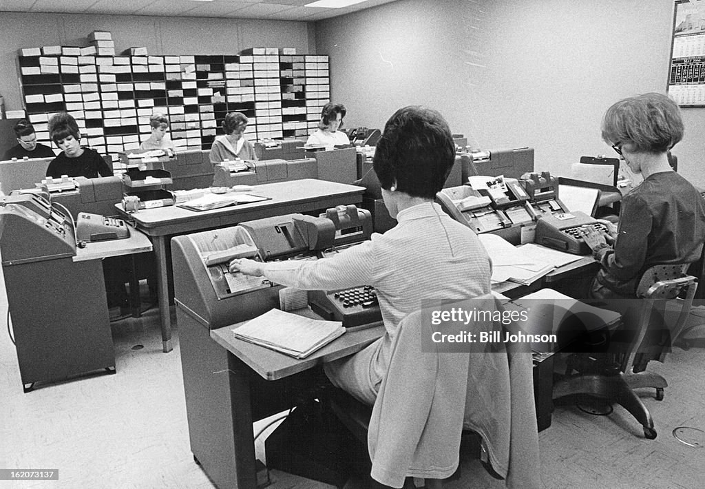 Keypunching APR 1965, APR 27 1965, MAY 1 1966; Women man the IBM keypunch... News ...