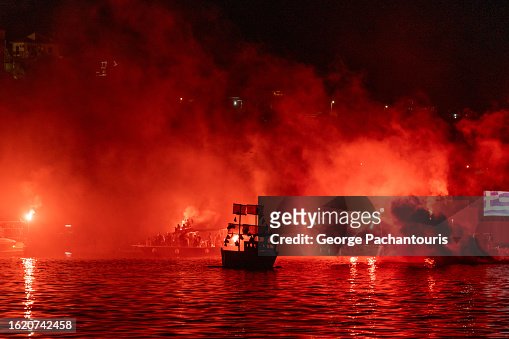 Flares around a boat at night