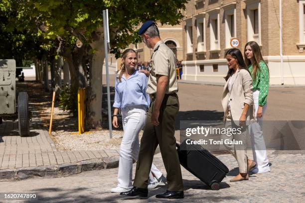 The Princess of Asturias, Leonor, arrives accompanied by Queen Letizia, King Felipe VI and her sister Infanta Sofia at the General Military Academy...