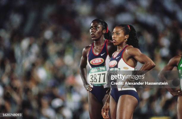 American athletes Gwen Torrence and Gail Devers after the final of the women's 100 metres event at the 1996 Summer Olympics, held at the Centennial...