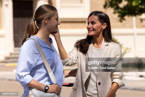 The Princess of Asturias, Leonor, bids farewell to her mother Queen Letizia, and her sister Infanta Sofia, upon her arrival at the General Military...