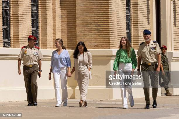 The Princess of Asturias, Leonor, arrives accompanied by King Felipe VI, Queen Letizia, and her sister Infanta Sofia, at the General Military Academy...