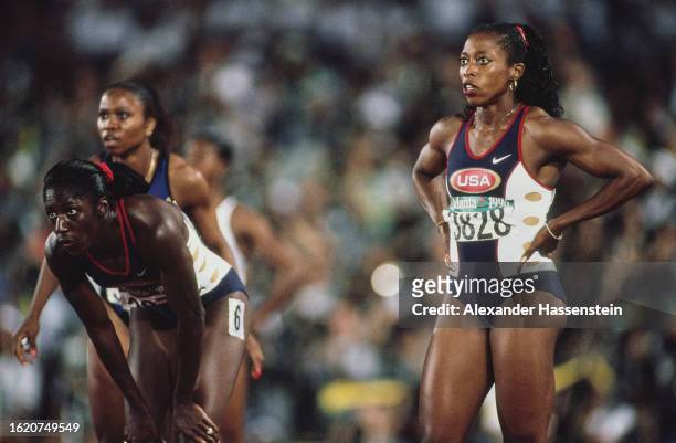 American athletes Gwen Torrence and Gail Devers after the final of the women's 100 metres event at the 1996 Summer Olympics, held at the Centennial...