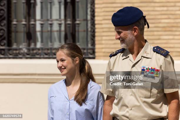 The Princess of Asturias, Leonor, arrives accompanied by King Felipe VI, Queen Letizia, and her sister Infanta Sofia, at the General Military Academy...