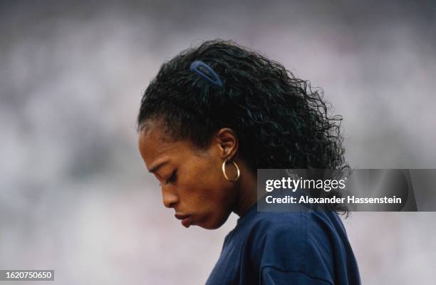 American athlete Gail Devers during the women's 100 metres event at the 1996 Summer Olympics, held at the Centennial Olympic Stadium in Atlanta,...