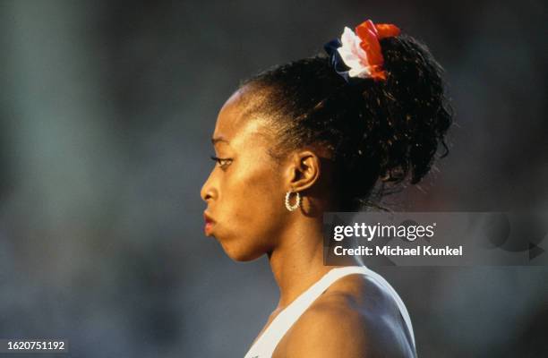 American athlete Gail Devers during the women's 100 metres event at the 1993 IAAF World Championships, held at the Neckarstadium in Stuttgart,...