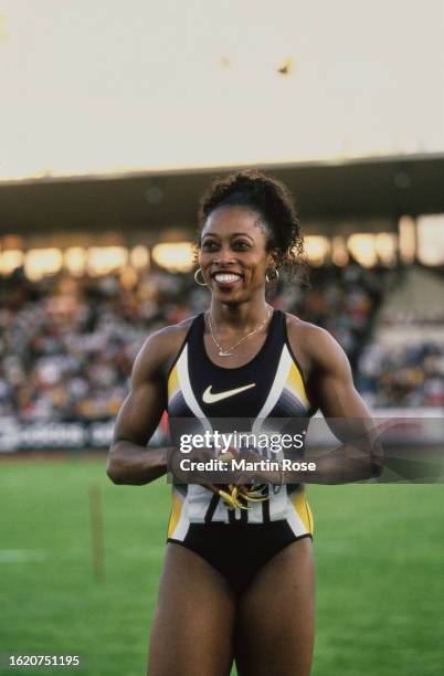 American athlete Gail Devers, her fingernails painted yellow, ahead of the women's 100 metres event at the 1997 Bislett Games, part of the IAAF Grand...