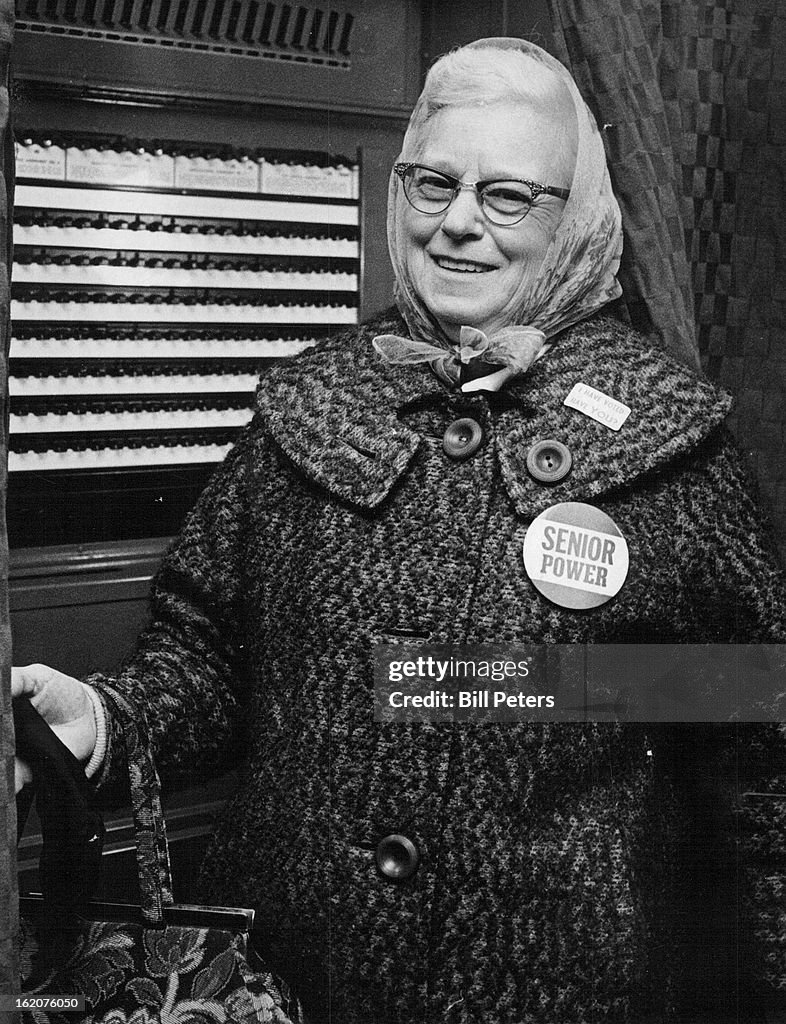 NOV 3 1970; Mrs. Thelma Leopard Proudly Wears "Senior Power" Button While Voting; She cast her ballo
