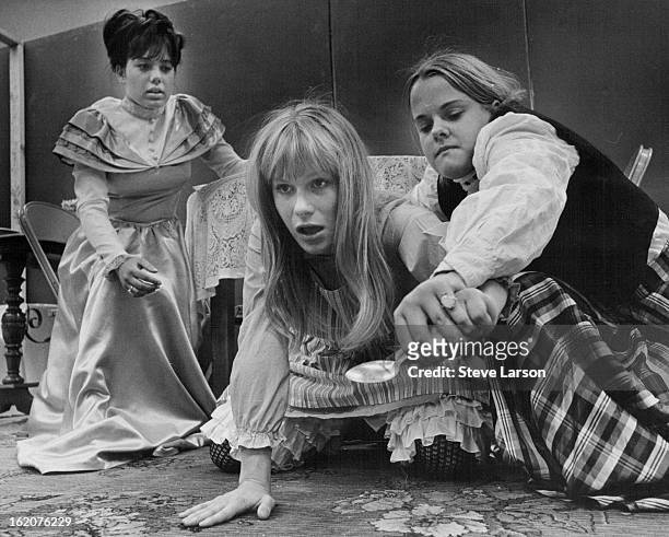 Helen Keller, Center, is Restrained in Scene From "Miracle Worker"; Mrs. Keller, left, played by Brenda Burke, looks on while Annie Sullivan, Claudia...