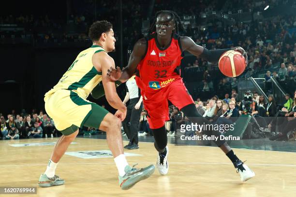 Wenyen Gabriel of South Sudan handles the ball during the match between the Australian Boomers and South Sudan at Rod Laver Arena on August 17, 2023...
