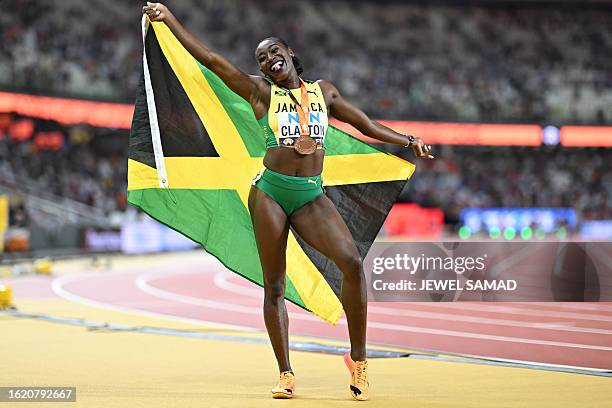 Jamaica's Rushell Clayton celebrates after the women's 400m hurdles final during the World Athletics Championships at the National Athletics Centre...