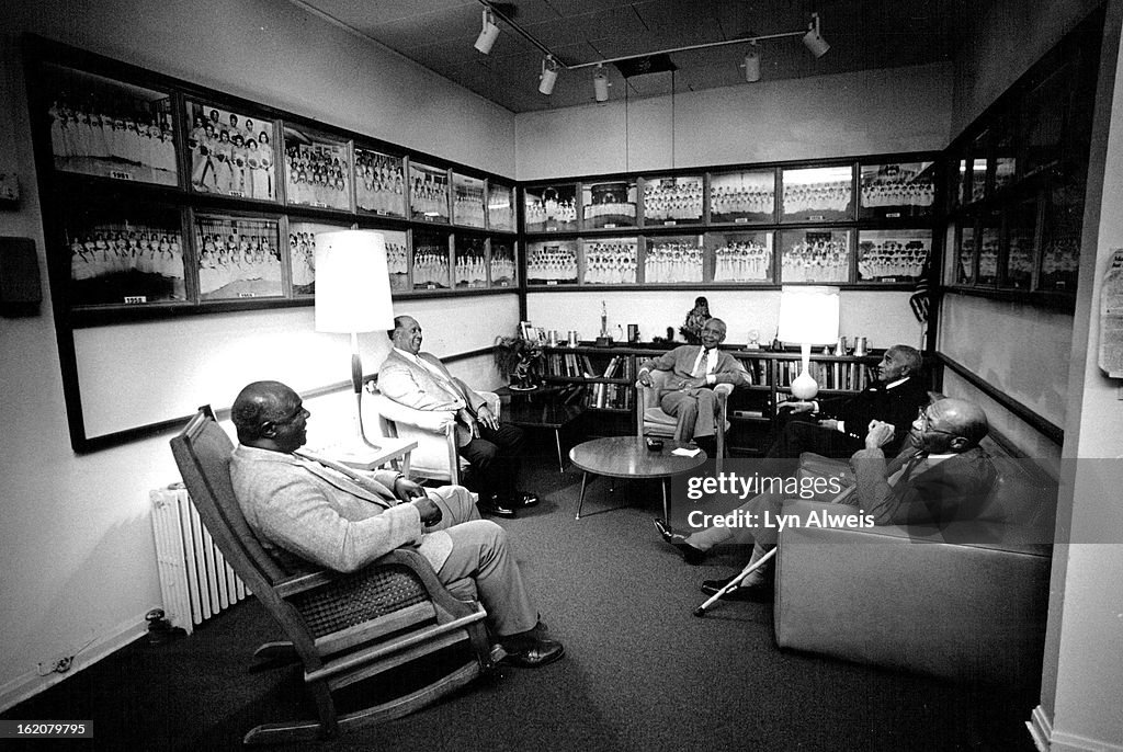 JAN 18 1987; Owl Club members in the clubhouse left to right; Dr. Walter Daniels, 56 Lloyd McHenry,