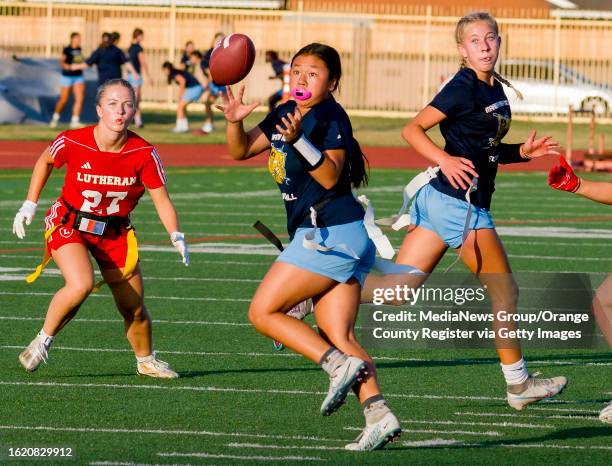 Orange Lutheran and Marina girls flag football teams play a scrimmage game at Marina High School in Huntington Beach on Wednesday, August 9, 2023....