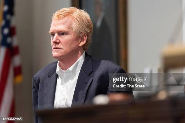 Alex Murdaugh stands next to the witness booth during a break in his trial for murder at the Colleton County Courthouse on Feb. 23 in Colleton...